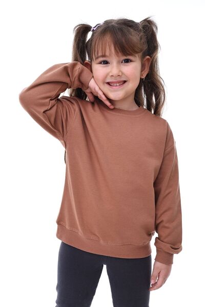 ZUZUNGA Basic Bisiklet Yaka Şardonlu Çocuk Sweatshirt 3-10 Yaş Kahverengi