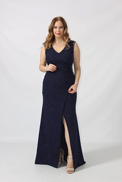 Moda Berray 8004 Omuz - Bel Işleme Kruvaze Abiye Elbise Lacivert