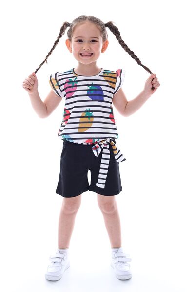 ZUZUNGA Butterfly Patterned Shoulder Ruffle Waist Belted Shorts Girl's Suit (Top and Bottom)