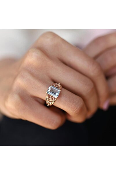 ByGoldenHouse Baget Pırlantalı Sky Blue Yüzük