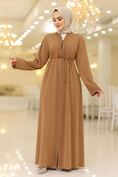 Neva Style Zippered Camel Hijab Abaya 45297C