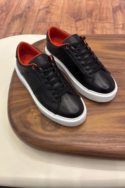 Paulo لويس باريس أسود - حذاء رياضي رجالي من الجلد الطبيعي مع تفاصيل برتقالية ...