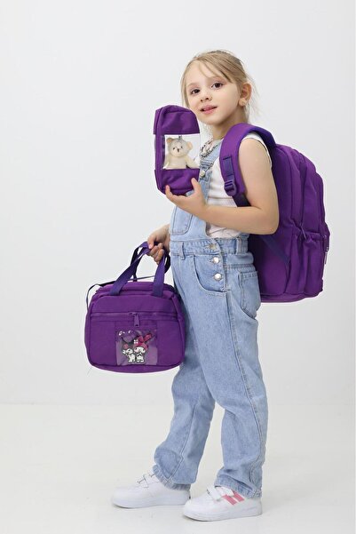 Probag Melody Kuromi 3'lü Okul Çanta Sırt Çantası Beslenme Çantası Kalemlik İlkokul Peluş Oyuncak Hediyeli