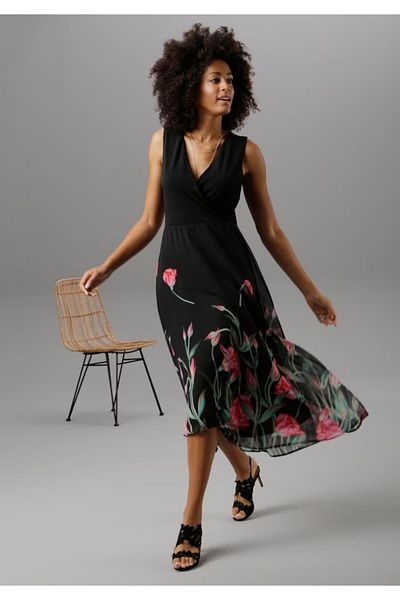 Şans Women's Large Size Black Skirt Part Chiffon Lined Wrap Flower Patterned Dress 65n26735