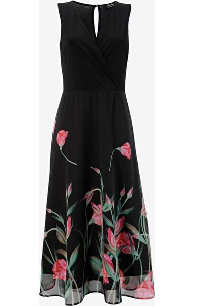 Şans Γυναικεία Μαύρη Φούστα Μεγάλο Μέγεθος Φόρεμα 65n26735 με επένδυση από σιφόν με μοτίβο λουλουδιών