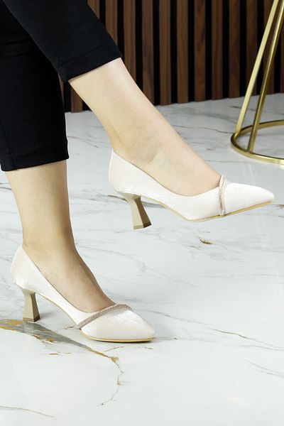Erkan Saçmacı Shimeca Ten Satin Stone Pointed Toe Thin Heeled Evening Dress Shoes