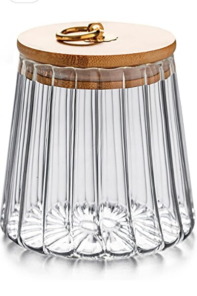 Yenigeldi 1 Adet(15.5 cm*10 cm) Bambu Kapaklı ve Kaşıklı  Şeffaf Hava Geçirmez Kavanoz  Kahve Şeker, Baharat