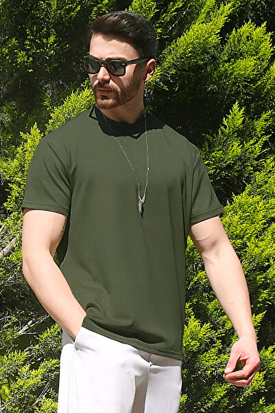 EydaMoon Erkek Haki Kışlık T-Shirt %100 Pamuk Modal İpeksi Kumaş Bisiklet Yak...