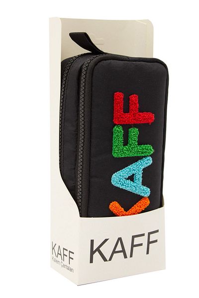 KAFF Black Waterproof Bondit Fabric Plush Printed Double Eyed Pen Holder Pencil Case-01108