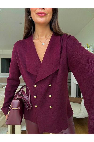 NATUFIAN STORE Women's Burgundy 6 Button Double Breasted Loose Knitwear Cardigan