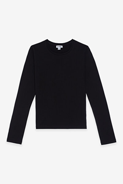 COMMON MELON Kadın Yuvarlak Yaka Uzun Kollu Basic Pamuklu Bluz Siyah