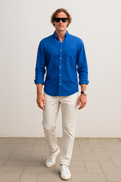 beuivo قميص رجالي أزرق كبير الحجم ذو ملمس كتان أيروبين