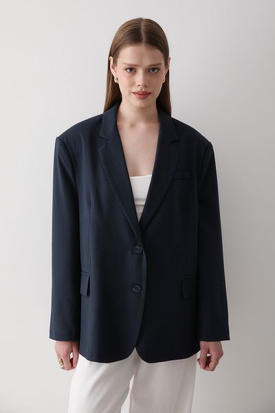 JASTE Women's Navy Blue Button Detailed Oversize Blazer Jacket