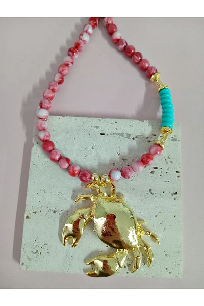 mos&more Long 70cm Red Beaded Elegant Beach Necklace with Crab Charm