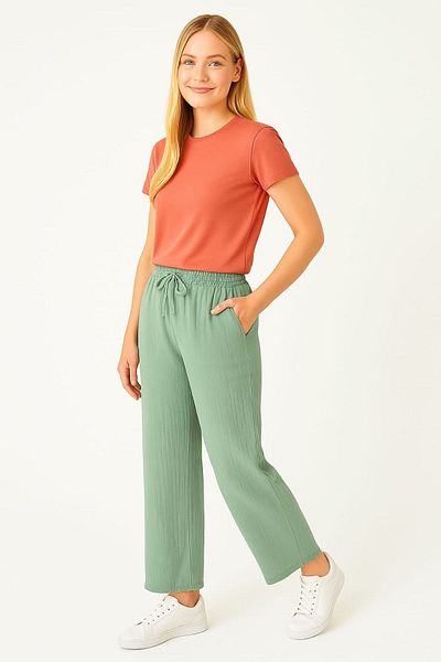 enmodaiçgiyim Mint Green 100% Cotton Muslin Fabric Wide Leg Comfortable Fit Women's Trousers with Two Pockets