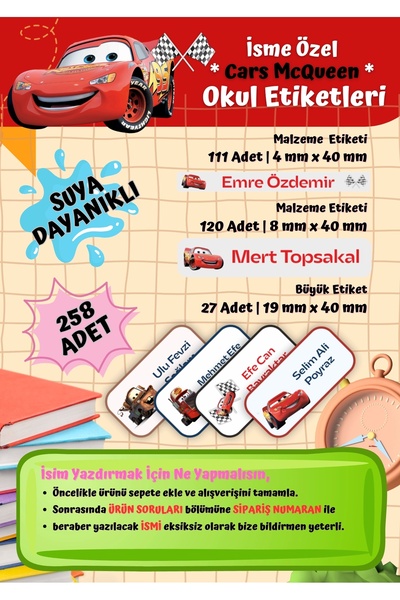 Ceres Studio CARS MCQUUEN Okul Etiketi Defter Etiketi Kalem Etiketi Kişiye Öz...