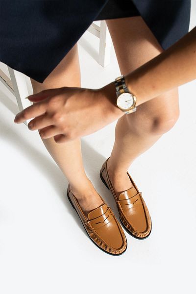 diclepolat Lucy Women's Tan Wrinkled Patent Leather Loafer Saddle Detailed Comfortable Daily Shoes