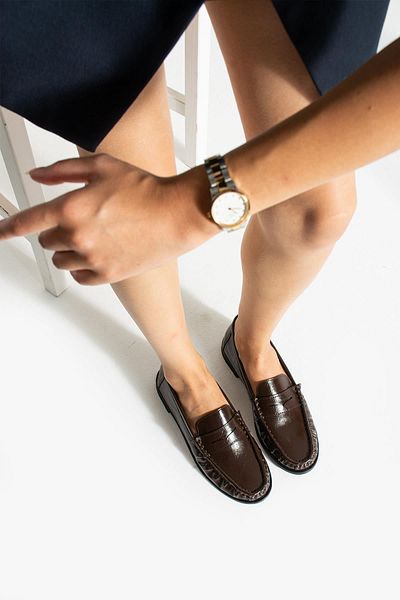diclepolat Lucy Women's Brown Wrinkled Patent Leather Loafer Saddle Detailed Comfortable Daily Shoes