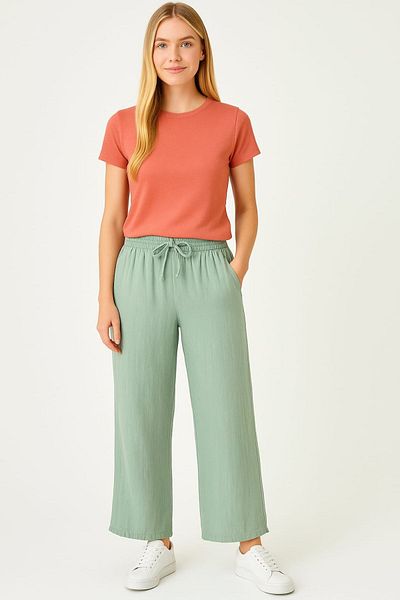 enmodaiçgiyim Mint Green 100% Cotton Muslin Fabric Wide Leg Comfortable Fit Women's Trousers with Two Pockets