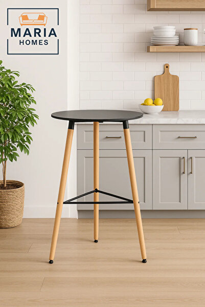 MARIA HOMES Tall Round Table with Wooden Legs and Black Top – Nordic Style