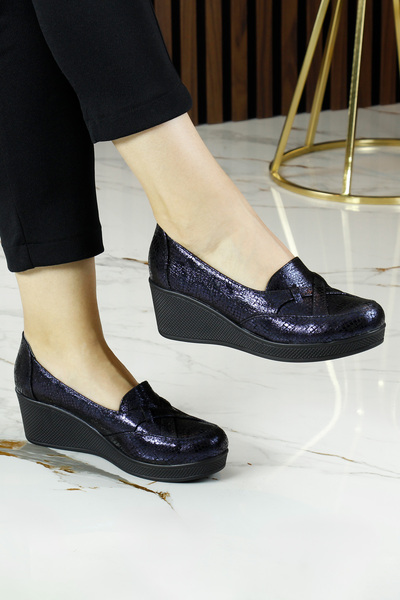 Erkan Saçmacı Shay Navy Blue Snake Pantofi casual cu toc cu pană din piele naturală