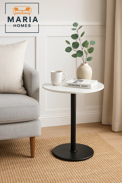 MARIA HOMES Round White Café Table with Black Pedestal Base-size 70cm