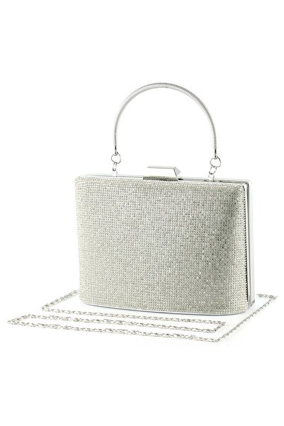 Erkan Saçmacı Geantă de seară cu curea cu lanț din piatră de cristal satinat argintiu
