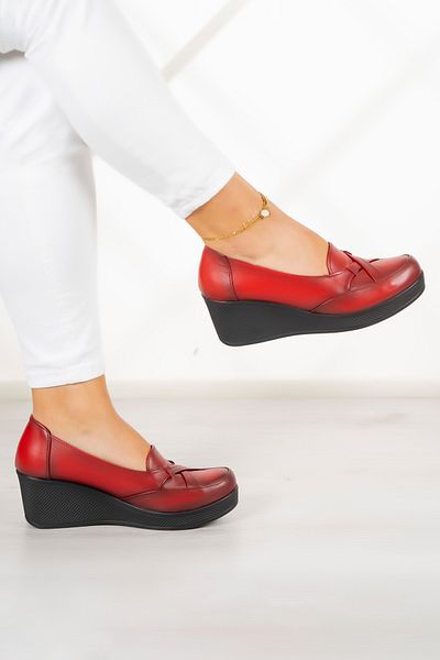 Erkan Saçmacı Shay Red Genuine Leather - Wedge Heel Casual Shoes
