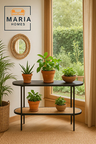 MARIA HOMES طاولة وحدة تحكم بيضاوية سوداء مع رف من الخيزران وإطار معدني