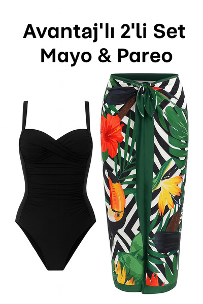 Bermody French Inspired Gathering Draped Swimsuit Pareo Set of 2 with Adjustable Straps, Stylish and Slimming Effect