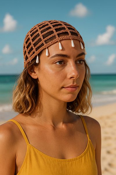 Satürn Hobi Knitted Bohemian Pearl & Charm Detailed Mesh Hat Bandana Hair Accessory