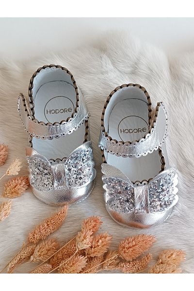 Hodore Angel Silver Genuine Leather Baby Loafer Booties
