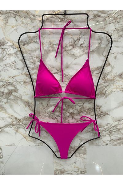 XORVİO Women's Lycra String Side and Neck Tie Stylish Drawstring Thong Fuchsia Bikini Set