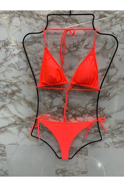 XORVİO Women's Lycra String Side and Neck Tie Stylish Drawstring Thong Orange Bikini Set