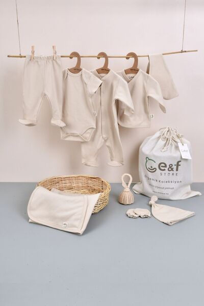 e&f Store 8'li Organik Hastane Çıkışı Seti - Sertifikalı ve Pamuklu Kumaş - Bej