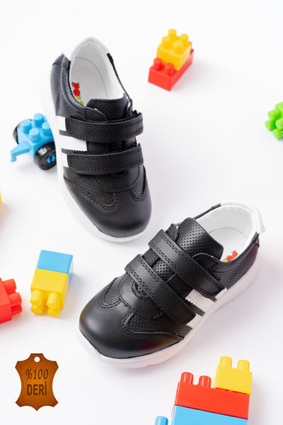 lina step Black Color Genuine Leather Orthopedic Velcro Boys Sports School Shoes