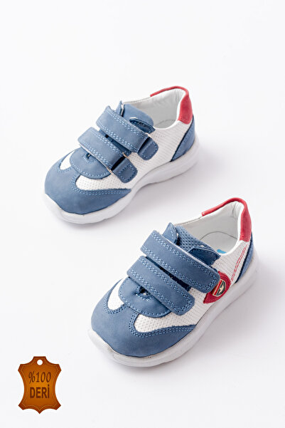 lina step White-Blue Genuine Leather Orthopedic Velcro Men's First Step Baby Sports Shoes