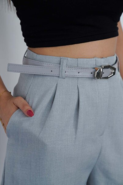 polle Kadın Gri Yüksek Bel Kemerli Keten Şort