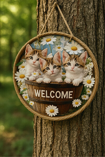 MODERN TASARI Kapı Süsü Ahşap "WELCOME" Yazılı 2D FLAT - Retro Tarz - Dekoratif Duvar Süsü