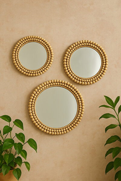Boncukafası Ahşap Boncuklu Ayna 25-30-40 cm Set , Yuvarlak Ayna, Antre Ayna, ...