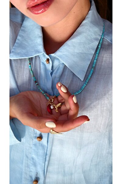 B Design jewelry حجر الفيروز أكوا سبيريت – قلادة من اللؤلؤ المرجاني