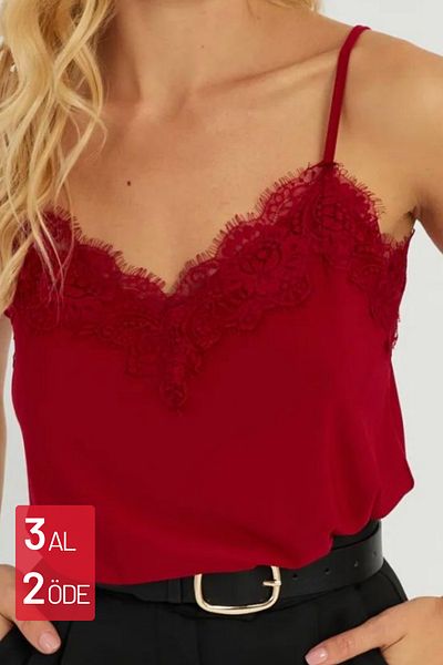 Balenbi 1070 Burgundy Lace Detailed Strappy Satin Women's Blouse