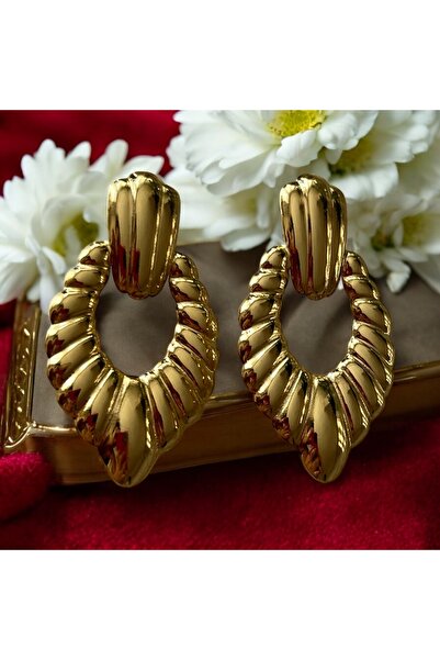 rafiel Gold Art Deco Çelik Küpe | İşlemeli Sanatsal Kadın Küpesi