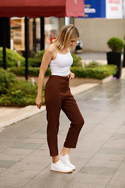 Feela Moda High Waist Lycra 1001 Brown Carrot Trousers for Women