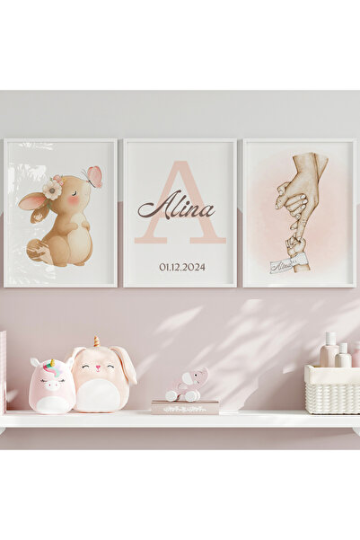 Sweet Rabbit Family Themed Pink 3-Piece Name Table Set, Children's Room Table, Baby Room Table