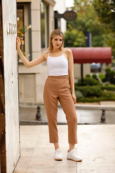 Feela Moda High Waist Lycra 1001 Camel Women's Trousers - Carrot Leg