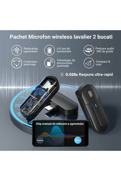 Inteliced Set de 2 Microfoane Lavaliere cu Carcasa de Incarcare, Inteliced®, Fara Fir, Conectare Wireless