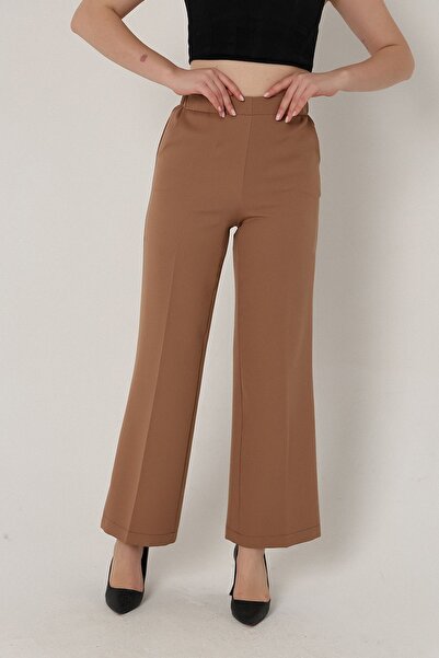 Mogi Butik 3002 بنطلون نسائي منسوج بجيب عالي الخصر من Camel Palazzo