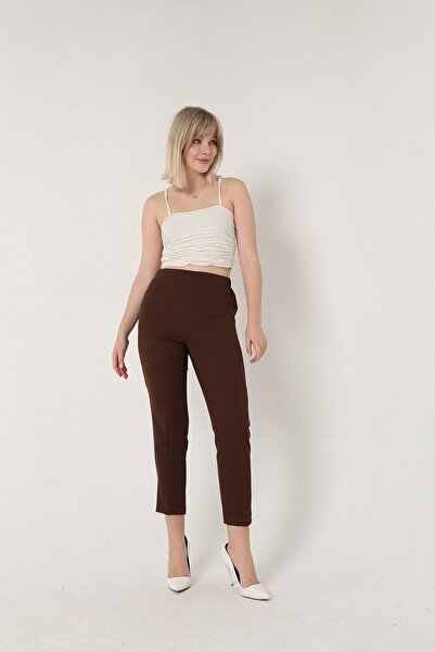 Mogi Butik 3001 Kahve Havuç Paça Yüksek Bel Dokuma Kadın Pantolon