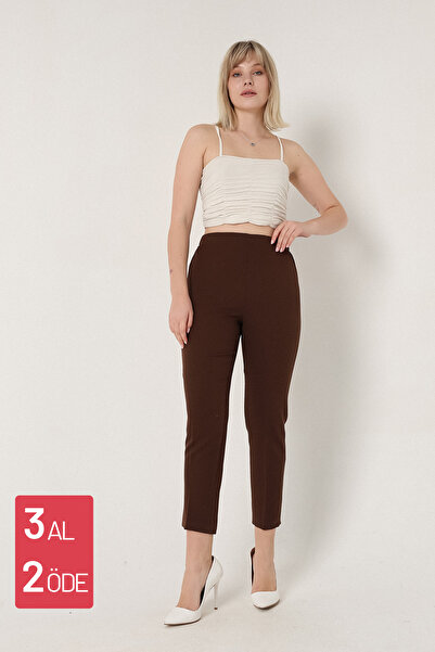 Mogi Butik 3001 Kahve Havuç Paça Yüksek Bel Dokuma Kadın Pantolon